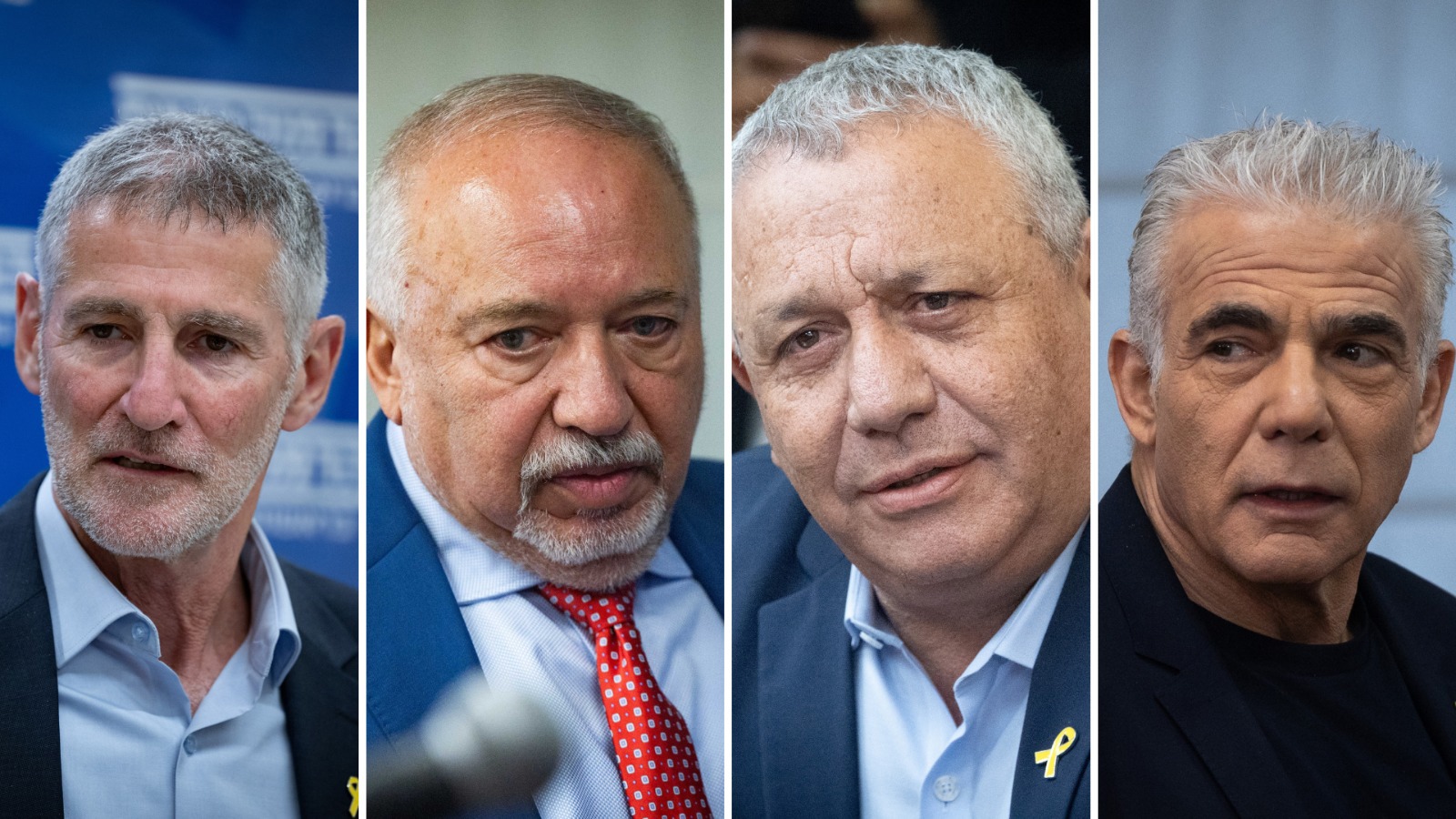 ראשי מפלגות האופוזיציה. מימין לשמאל: יאיר לפיד, גדי איזנקוט, אביגדור ליברמן יאיר גולן