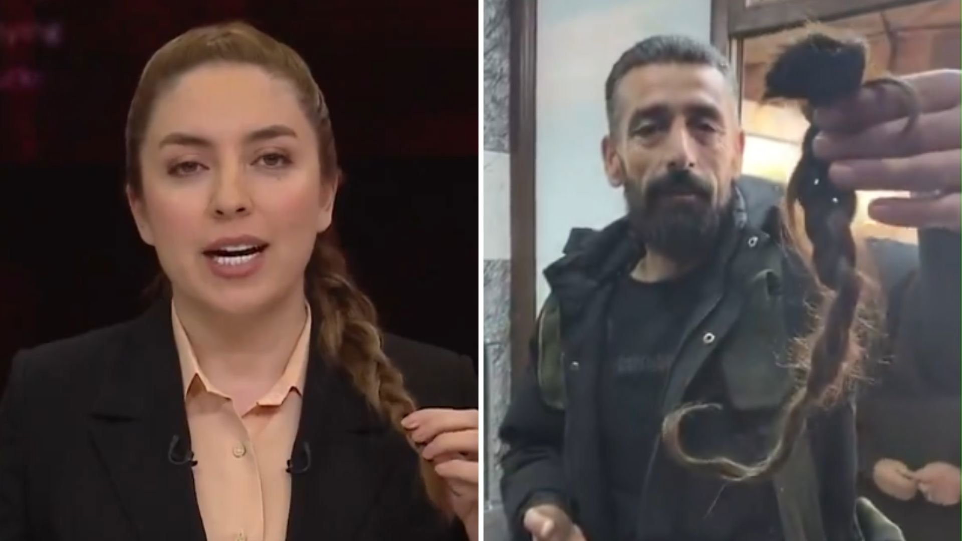 מימין: הלוחם הסורי מחזיק בצמה של לוחמת כורדייה, משמאל: מגישת חדשות בערוץ כורדי