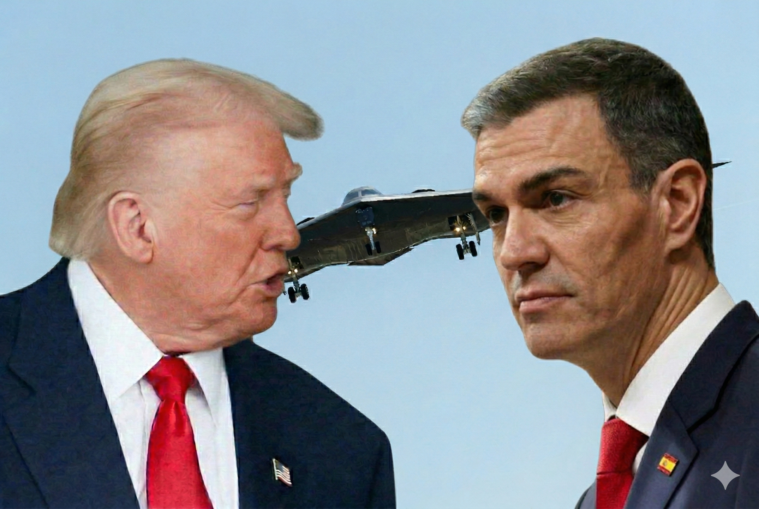 ראש ממשלת ספרד פדרו סאנצ'ס,  נשיא ארה"ב דונלד טראמפ. ברקע: מפציץ B-2