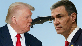 ראש ממשלת ספרד פדרו סאנצ'ס,  נשיא ארה"ב דונלד טראמפ. ברקע: מפציץ B-2