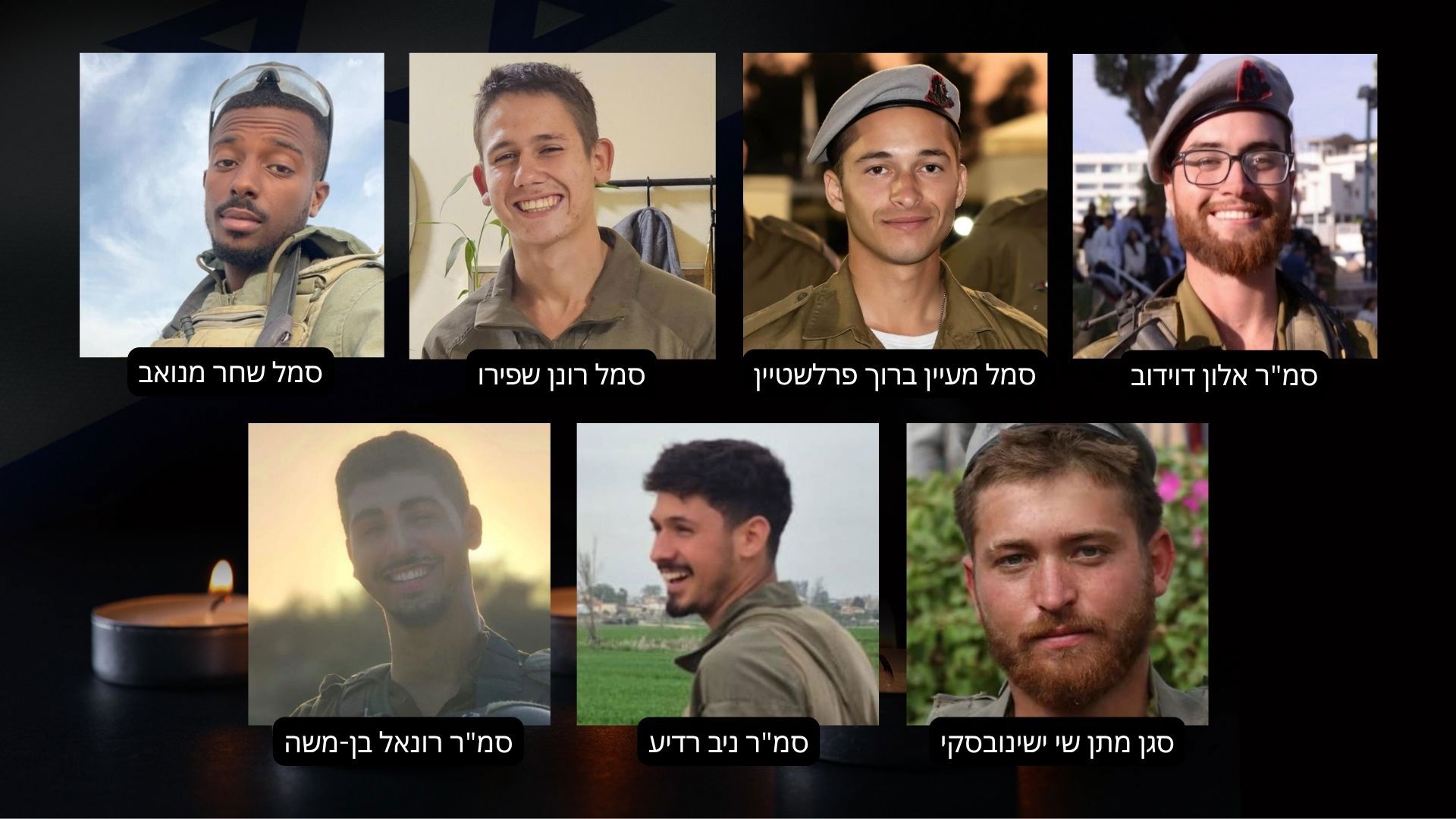 סמ"ר אלון דוידוב, סמל מעיין ברוך פרלשטיין, סמל רונן שפירו, סמל שחר מנואב, סגן מתן שי ישינובסקי, סמ"ר ניב רדיע וסמ"ר רונאל בן-משה