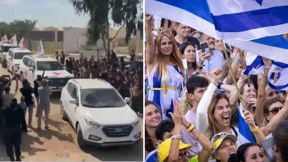 כיכר החטופים מימין, רכבי הצלב האדום בעזה משמאל, 13.10.2025