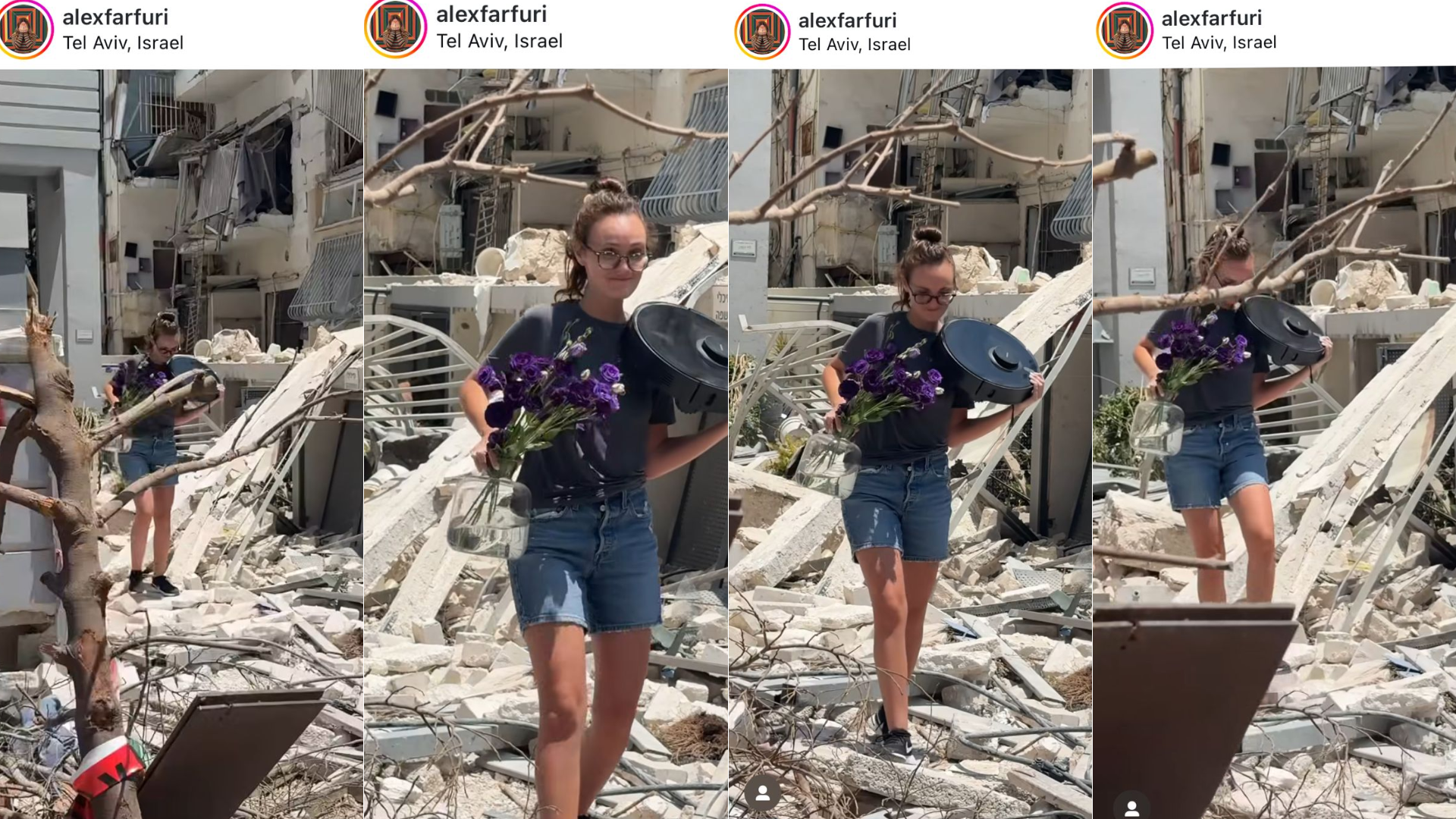 צילום מסך מהסרטון שבו שני גרינברג יוצאת מביתה ההרוס