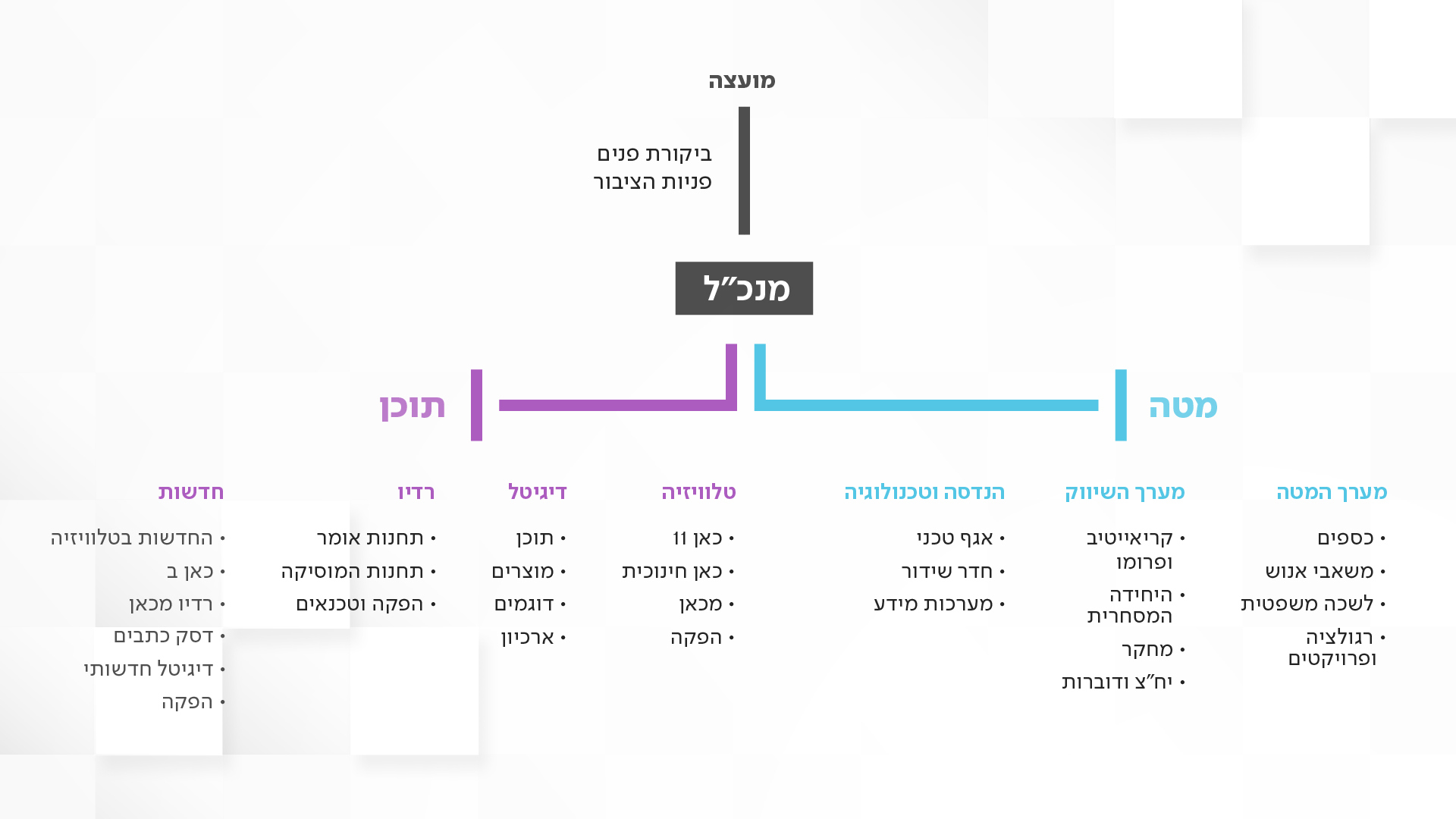 המבנה הארגוני של התאגיד: מועצה, מנכ"ל, מטה. מערך המטה: כספים, משאבי אנוש, לשכה משפטית, רגולציה ופרוייקטים. מערך השיווק: קריאייטיב ופרומו, היחידה המסחרית, מחקר, יח"צ ודוברות. הנדסה וטנולוגיה: אגף טכני, חדר שידור, מערכות מידע. מערך התוכן: תוכן: כאן 11, כאן חינוכית, מכאן, הפקה. דיגיטל: תוכן, מוצרים, דוגמים, ארכיון. רדיו: תחנות אומר, תחנות מוסיקה, הפקה וטכנאים. חדשות: החדשות בטלוויזיה, כאן ב, רדיו מכאן, דסק כתבים, דיגיטל חדשותי, הפקה.כאן המבנה הארגוני של התאגיד: מועצה, מנכ"ל, מטה. מערך המטה: כספים, משאבי אנוש, לשכה משפטית, רגולציה ופרוייקטים. מערך השיווק: קריאייטיב ופרומו, היחידה המסחרית, מחקר, יח"צ ודוברות. הנדסה וטנולוגיה: אגף טכני, חדר שידור, מערכות מידע. מערך התוכן: תוכן: כאן 11, כאן חינוכית, מכאן, הפקה. דיגיטל: תוכן, מוצרים, דוגמים, ארכיון. רדיו: תחנות אומר, תחנות מוסיקה, הפקה וטכנאים. חדשות: החדשות בטלוויזיה, כאן ב, רדיו מכאן, דסק כתבים, דיגיטל חדשותי, הפקה