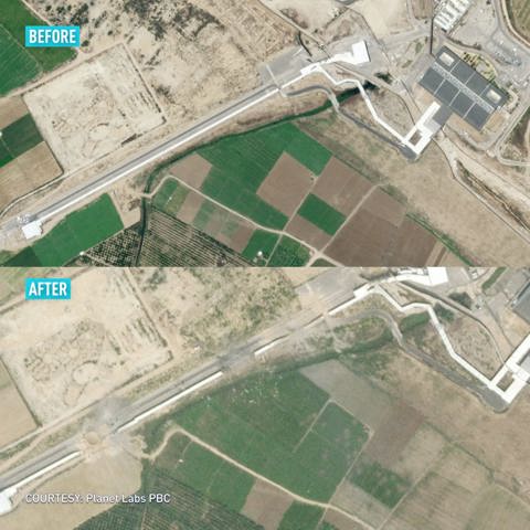 הפרצות בגדר סמוך למחסום ארז, לפני ואחרי. צילום: Planet Labs